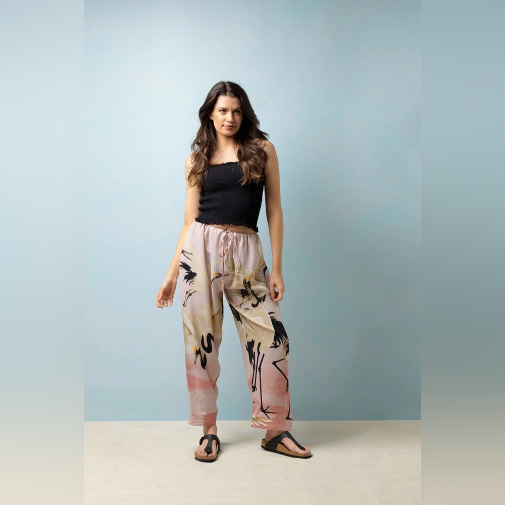 One Hundred Stars Pink Crane One Size High Waist Drawstring Loungewear Pants
